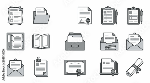 Photos Modern Minimalist Black and White Icons Set Featuring Office Documents Books Env