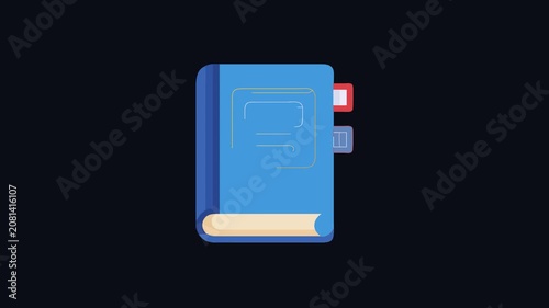 Stylized blue book illustration with bookmark on black background