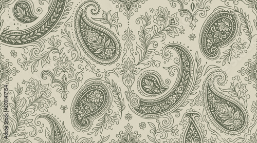 Vintage green paisley floral pattern on cream background