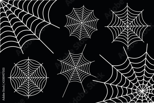 White Spiderweb Set Vector Line Art Collection For Halloween on Black Background