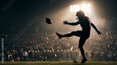 American football player kicking ball in stadium at night with spectators