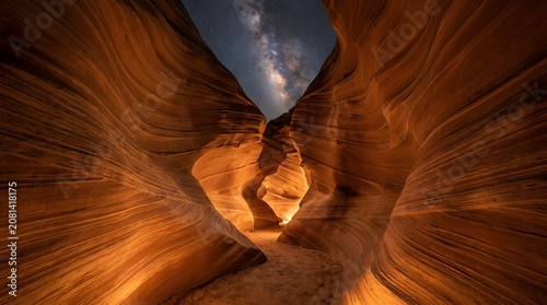 Antelope Canyon at night, sinuous slot canyon walls of layered sandstone glowing in warm ochre