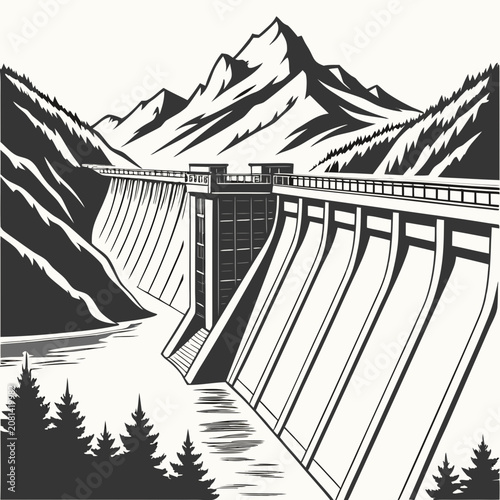 Obraz na plátně A black and white of a massive dam wall situated in a deep mountain valley with