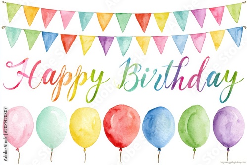 Watercolor happy birthday banner with colorful bunting flags and balloons isolated on white background