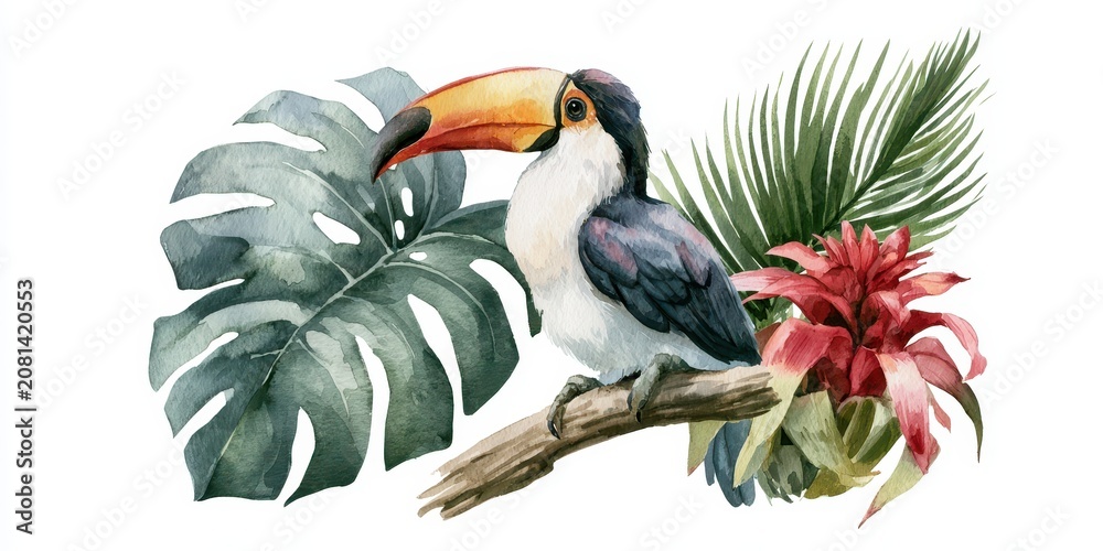 Fototapeta premium Watercolor toucan bird perched on a branch with tropical monstera leaves and red bromeliad, isolated on white background