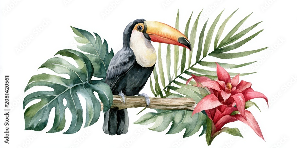Fototapeta premium Watercolor toucan bird sitting on a branch with tropical leaves and red bromeliad flower, isolated on white background