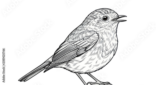 Foto Hand drawn robin songbird perched with beak open for singing