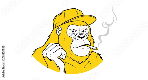 Photography Yellow gorilla mascot wearing baseball cap smoking a cigarette