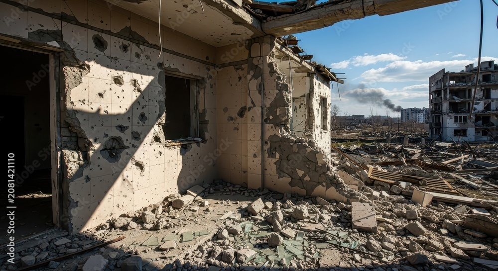 Fototapeta premium Crumbling Concrete Walls of a Ruined Building Under a Blue Sky