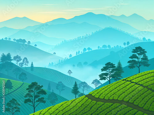 Tea plantations of Munnar rolling across misty hills during sunrise  flat vector landscape with layered mountains