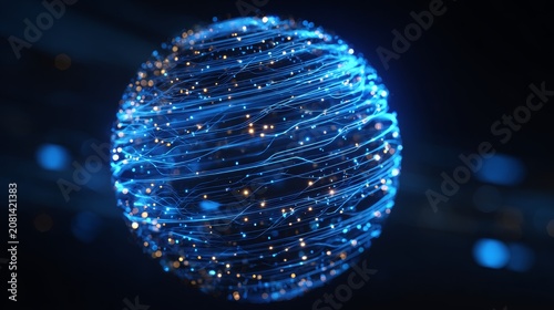 Abstract sphere made from glowing blue data streams, circuit-like lines, and luminous connection nodes suspended in a dark cyberspace environment