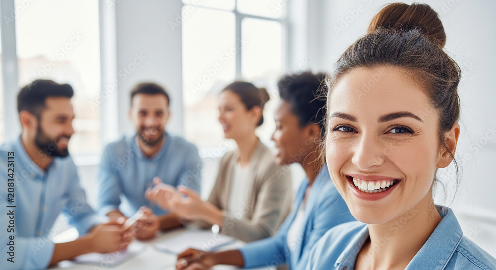 Fototapeta premium Diverse business team in a meeting with a smiling woman in the foreground, showing a positive and engaging corporate environment