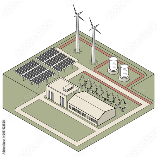 Isometric of a renewable energy site with wind turbines, solar panels, and storage tanks on a green landscape with trees