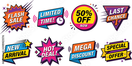 Konstfotografi Vibrant collection of promotional stickers with catchy headlines and pop art design for retail advertising