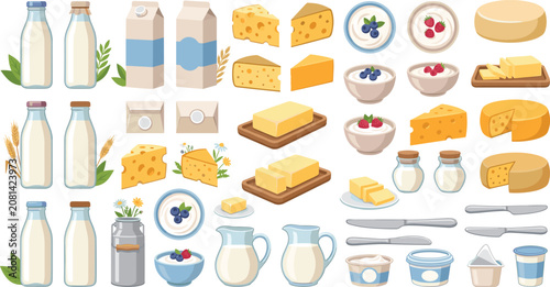 Εκτύπωση καμβά Dairy products vector collection featuring milk bottles cartons cheese wheels butter blocks yogurt bowls cream jugs and cottage cheese container graphics