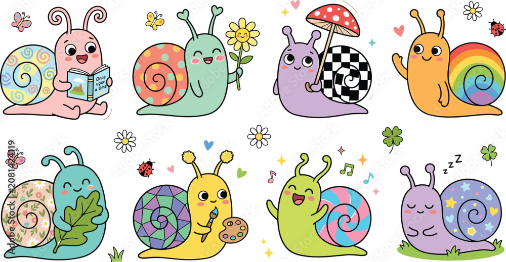 Fototapeta premium Cute cartoon snail character sticker set featuring kawaii snails reading books painting holding flowers under mushroom umbrella and sleeping doodle illustrations.