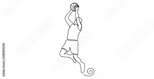 Photos Minimalist continuous line art of basketball player dunking the ball with basket