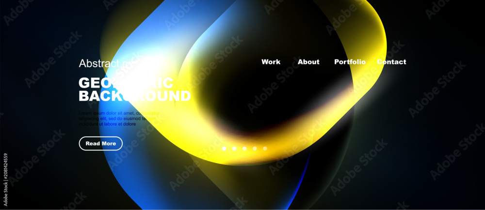 Naklejka premium Abstract geometric background features vibrant blue, yellow gradients. Website header includes navigation options, text, dots. Modern design.