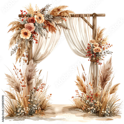 Rustic Wedding Arch Decorated with Dried Flowers and Pampas Grass.
