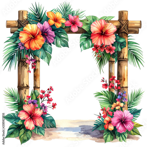 Tropical Bamboo Frame with Colorful Flowers and Leaves.