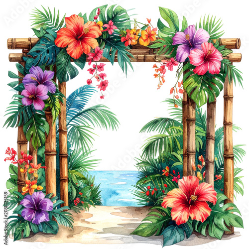 Tropical Bamboo Frame with Colorful Hibiscus Flowers and Palm Leaves.
