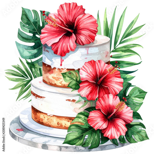 Two tier cake decorated with red hibiscus flowers and tropical leaves.