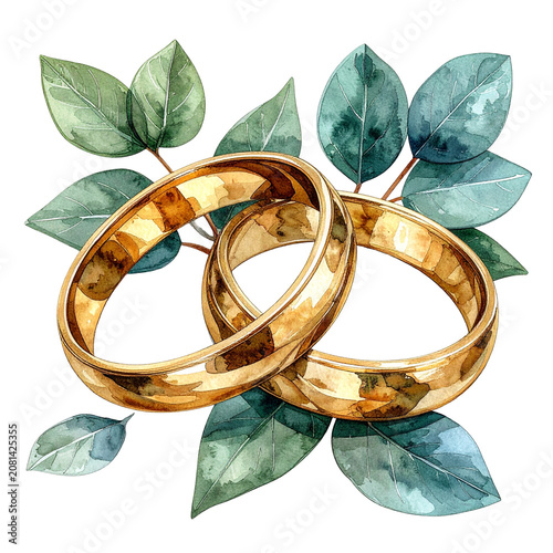 Two Gold Wedding Rings with Green Leaves.