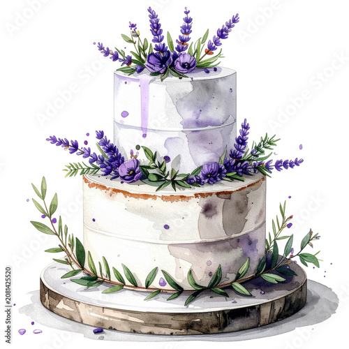Two tier white wedding cake with lavender flowers.