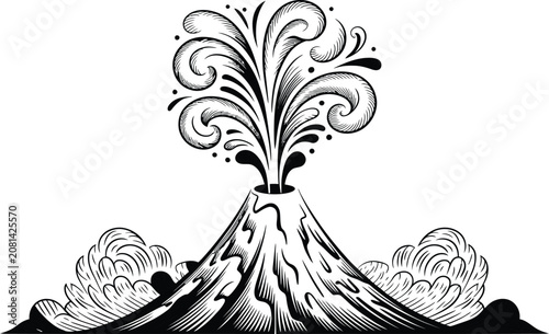 Photos Stylized black and white illustration of an erupting volcano with eruption mount