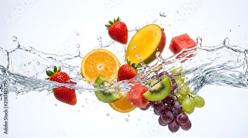 Vibrant assortment of fresh fruits splashing through clear water, creating a refreshing and healthy burst of flavor.