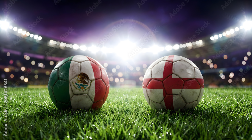 Fototapeta premium Textured Mexico and England Flag Soccer Balls on Green Pitch Under Bright Arena Stadium Lights at Night
