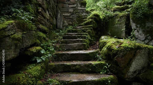 Mysterious grungy staircase made of stone blocks, partially eroded and surrounded by dark green moss and decay