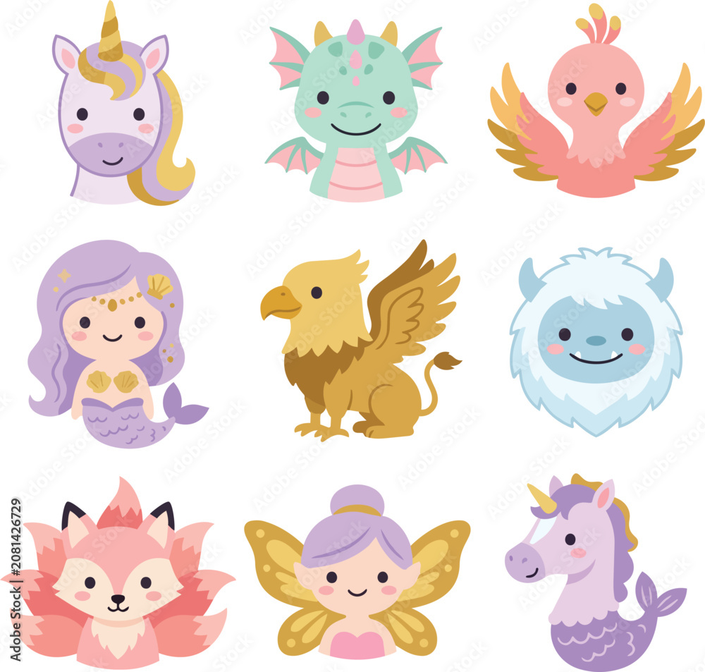 Fototapeta premium Cute flat vector fantasy creature illustration set with unicorn dragon phoenix mermaid griffin yeti and fairy