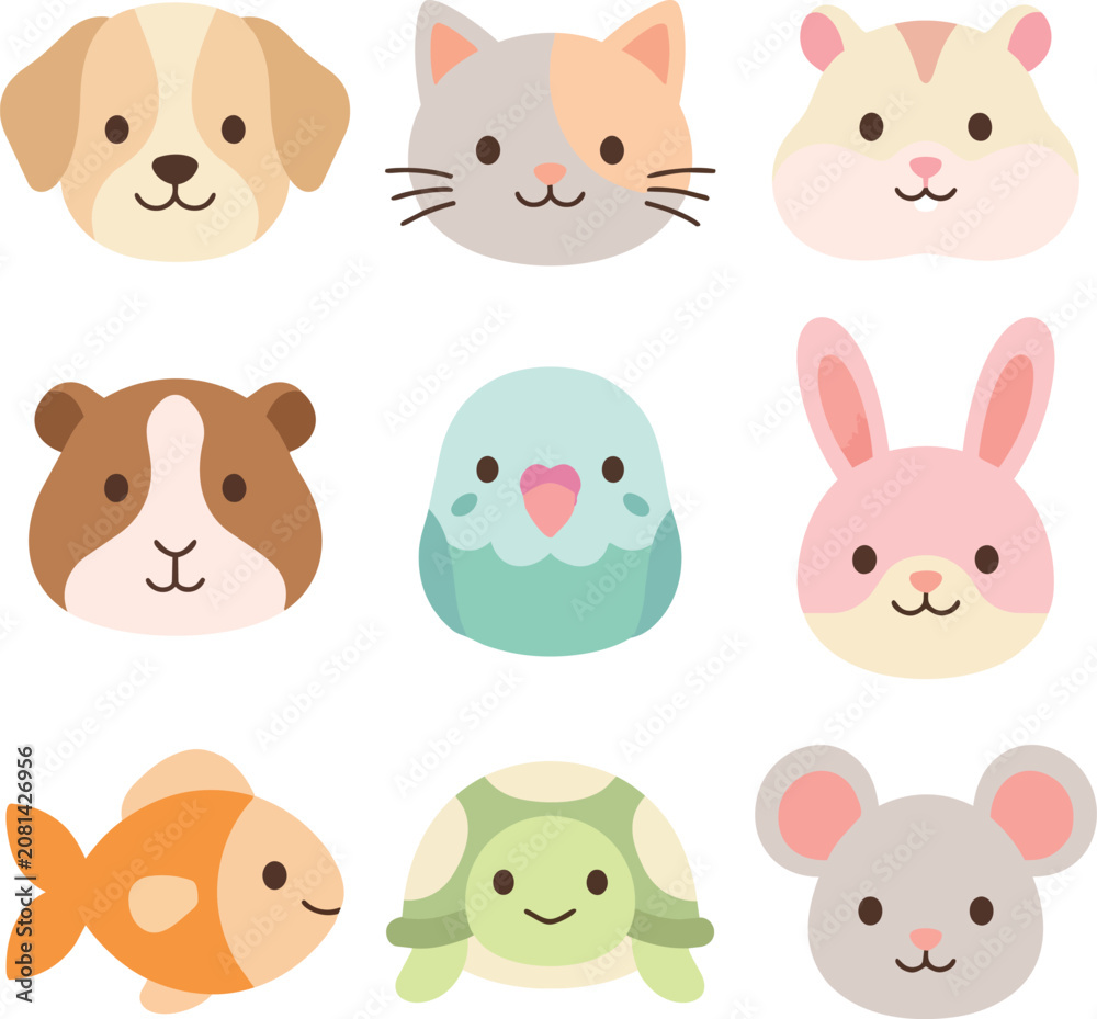 Fototapeta premium Cute flat vector pet animal illustration set with dog cat hamster guinea pig parakeet rabbit fish and mouse