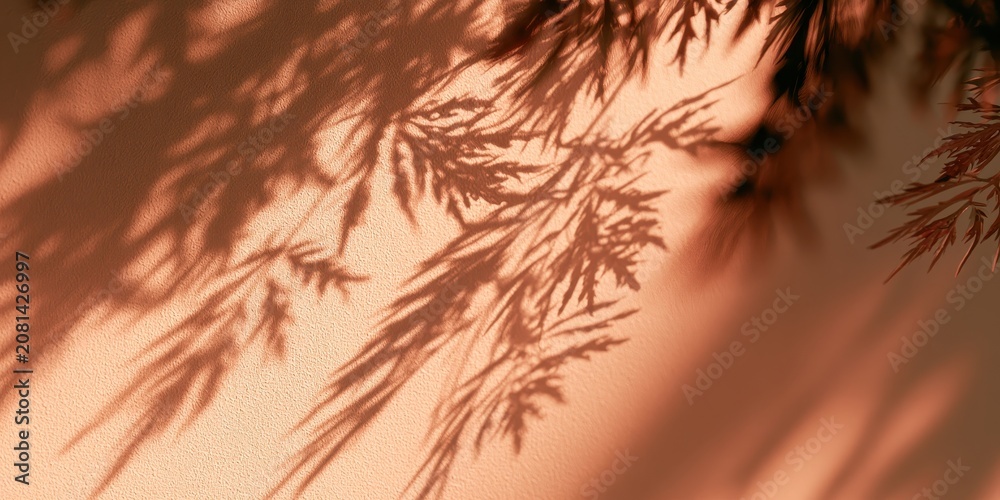 Fototapeta premium Shadow of delicate leaves on a textured terracotta wall background minimalist aesthetic with soft natural sunlight and shadows for product presentation