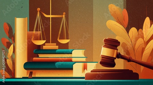Legal justice illustration with stylized gavel in foreground, stack of legal books with bookmarks, golden scales suspended above
