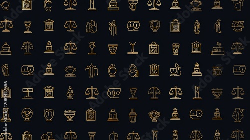 Elegant gold foil style icon pattern for legal industry, featuring minimalist line art icons of justice in repeated tile format