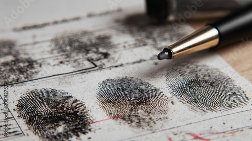 Realistic top view of fingerprint sheet with distinct black ink prints, filled out with suspect data and forensic analysis markings