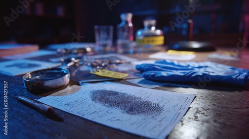 Crime investigation setting with fingerprint card, ink pad, and gloves on forensic lab table, dim light and evidence tag nearby