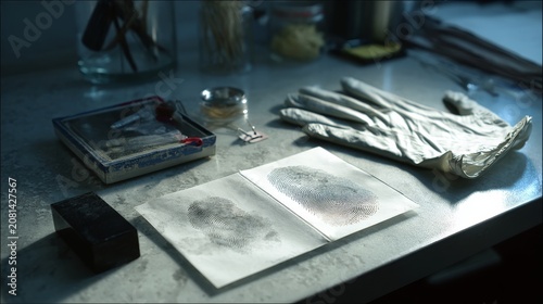 Crime investigation setting with fingerprint card, ink pad, and gloves on forensic lab table, dim light and evidence tag nearby