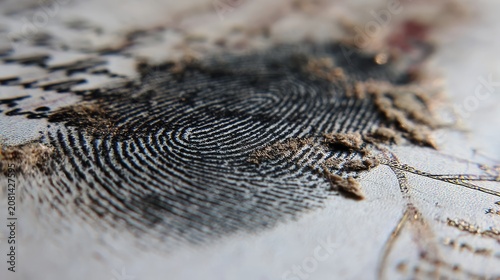 Macro shot of fingerprint details on card, smudged ink edges and accurate ridge lines, symbolizing biometric identification and criminal registry