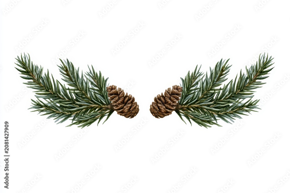 Fototapeta premium Watercolor christmas pine branches with pinecones, festive winter botanical border, decorative holiday element isolated on white background