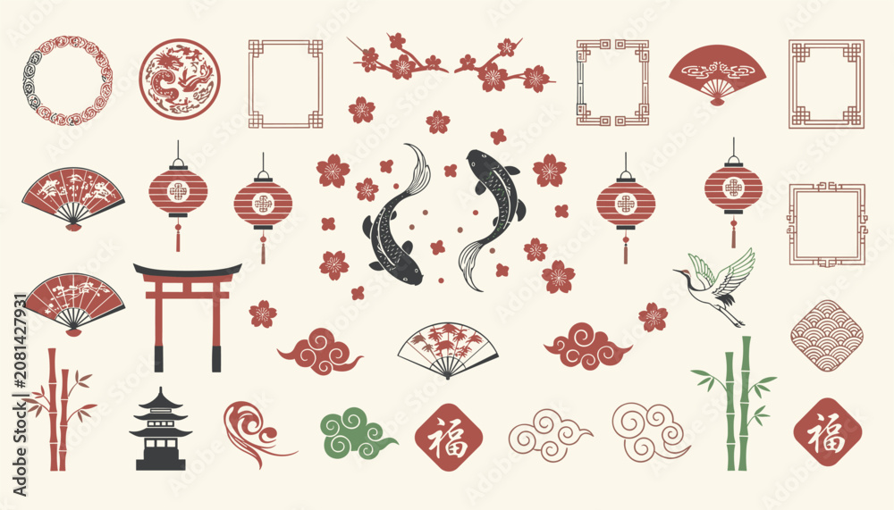 Fototapeta premium Beautiful collection of traditional Chinese graphic ornaments includes paper fans, lanterns, koi fish, and pagodas.