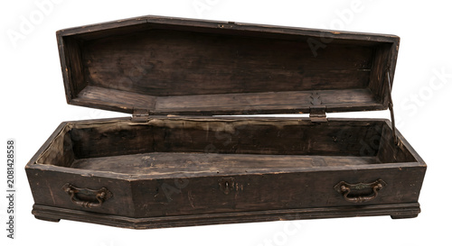 Bild auf Leinwand Open antique wooden coffin with lining