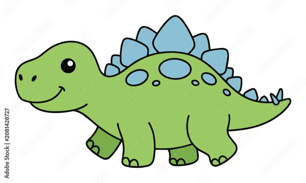 Fototapeta premium Friendly cartoon stegosaurus walking with a cheerful expression in a minimal flat style isolated on white background, cute prehistoric animal concept