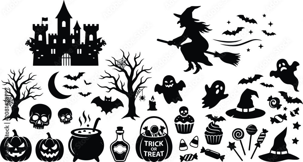 Fototapeta premium Helloween day collection spooky castle witch ghosts and pumpkin elements vector