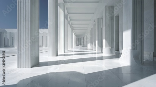 Panoramic view of law court colonade rendered in bright white material, minimal background to highlight structure details