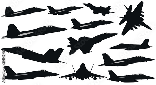 Tableau sur toile Fighter jet silhouettes and modern military aircraft collection