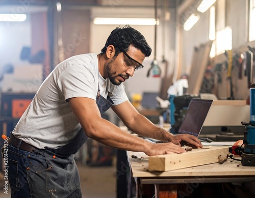 A man in a workshop, wearing safety goggles, works on a wooden plank