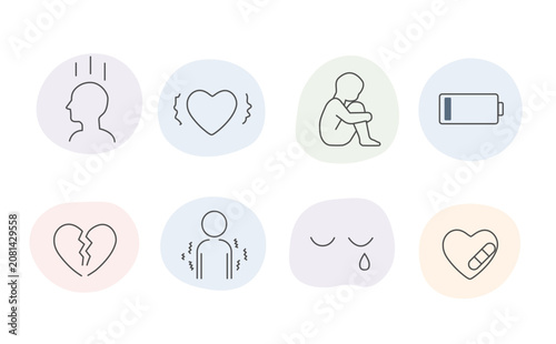 Mental health line icon set with stress, anxiety, self-care and emotional wellness